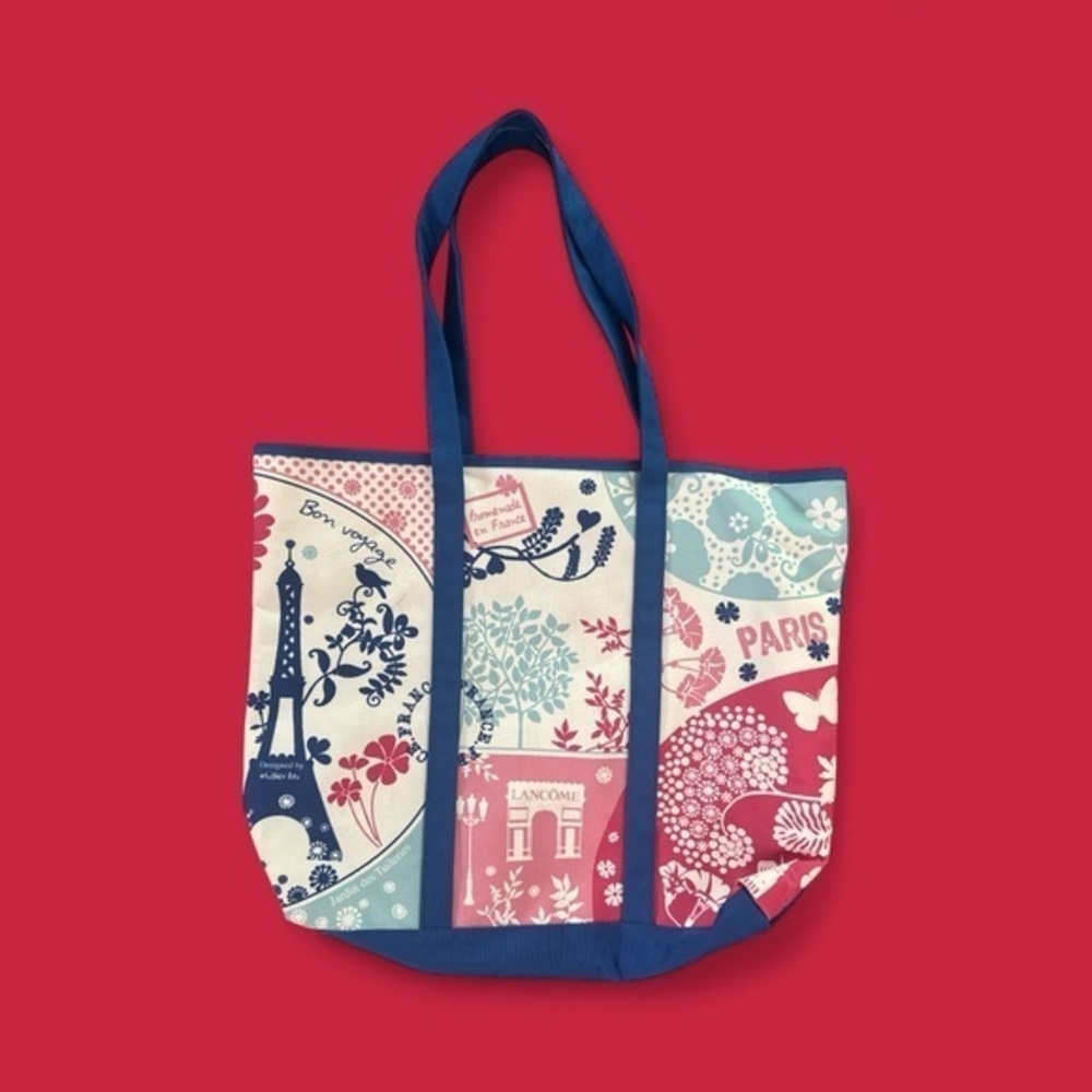 Lancôme Blue & Red Bon Voyage Tote Bag France Eiffel Tower Travel Graphic Purse